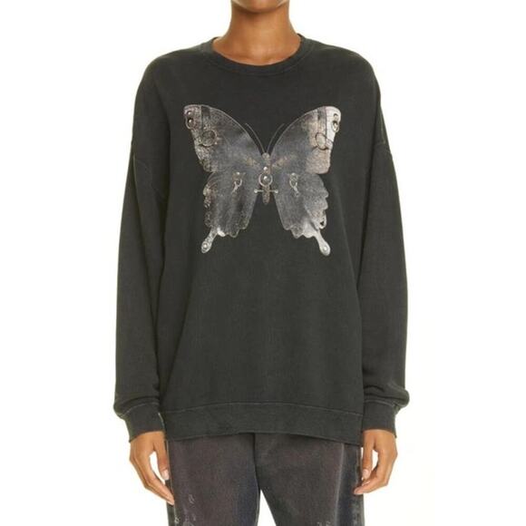 R13 Bondage Butterfly Oversized Crewneck Sweatshirt in Acid Black - Unisex - Picture 1 of 3
